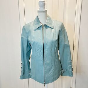 Pamela McCoy Leather Jacket Teal Long Sleeves Size Small Lined Zipper
